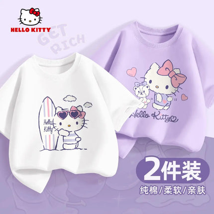 (2 Pieces Per Pack) Sanrio Summer Baby Girls 100% Cotton Clothes Kid Children Girl Hello Kitty Printed T-shirts Short Sleeve Top
