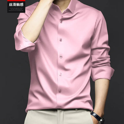 6XL Men Shirt Long Sleeve Slim Fit Luxury Smooth Soft Anti-wrinkle Non-ironing Solid Color Ice Silk Shirts Men Long Sleeve