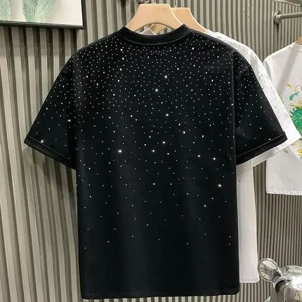 Summer Rhinestone Rivet T-shirt for Men Clothing Round Neck Casual T-shirt Fashion High Street 2025 Men's Summer Short Sleeves