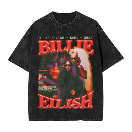 Billie Eilish Funny Poster Graphic Print T-shirt Men Women Fashion Vintage Washed Cotton O-neck Summer Tee Oversized Casual Top