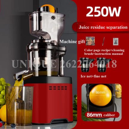 Household Slow Juicer Screw Electric Juice Maker Stainless Steel Filter Free Large Caliber Cold Press Fruit Vegetable Extractor
