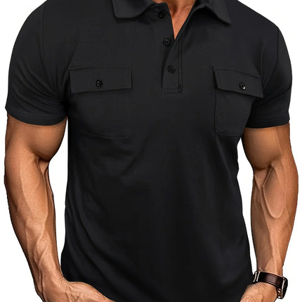 Summer Men's Short-Sleeve Polo Shirt Casual Solid Color Turn-Down Collar T-Shirt Pullover Top Henley Shirt with Pockets