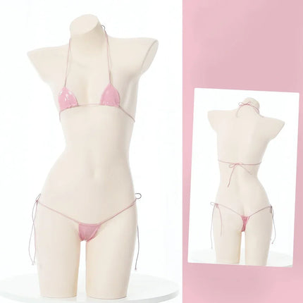 New Womens Sexy Lingerie Leather Bikini Bra G-string Wet Look Breathable Halter Lace-up Tight Fitting Uniform Set Ladies Bikini