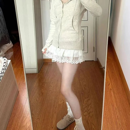 Harajuku Vintage Zipper Hooded Cardigan Korea Fashion Solid Sports Sweatshirt Women New Autumn Winter Casual Warm Clothes 2025