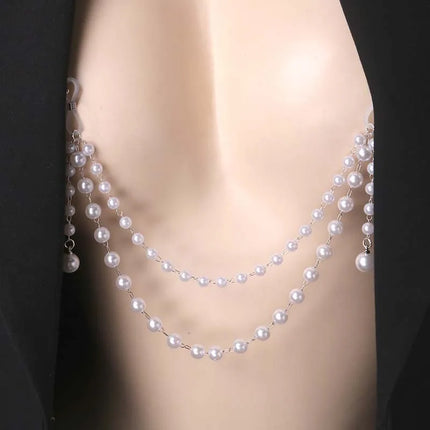 Sexy Imitation Pearl Tassel Chest Chain for Women Girls Exaggerated Metal Double Layered Nipple Chain Body Jewelry Accessories