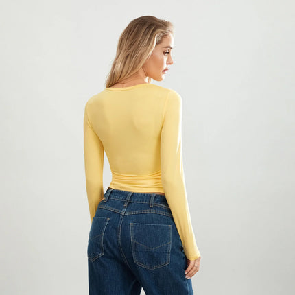Women's Long-Sleeve Basic T-Shirts Solid Color Crew Neck Casual Shirts Fall Slim Fit Tops Streetwear