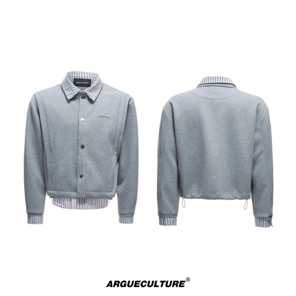 American Sle Slim Fit Striped irt Fake Two-Piece Patchwork Sweatirt Set Turn-down Collar Simple Thin Casual Jaet