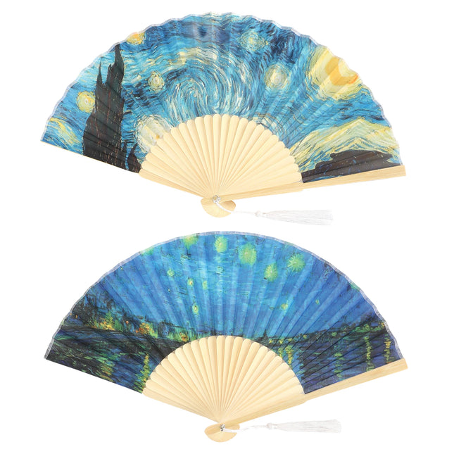 2pcs Folding Fan Bamboo Handheld Fans Handwork Gift Party Dancing Decoration Starry Night
