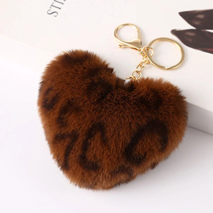 New Heart Plush Hair Ball Keychain Women Leopard Pompom Love Car Key Chain Bags Pendant Hairball Key Rings Jewelry llaveros 키링