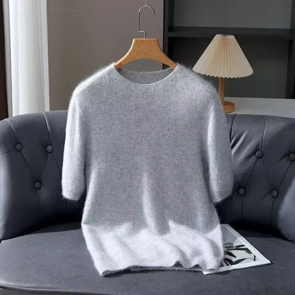 Men's Sweater Pullover Short Sleeved Summer Mink Knit Sweater Loose Round Neck Solid Color Half Sleeved Simple T-Shirt Casualtop