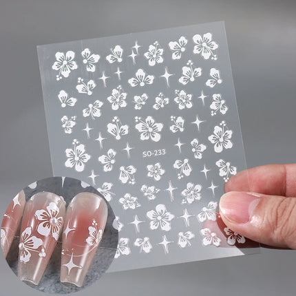 Hibiscus Flower 3D Nail Stickers Cherry Blossom Floral White Florals Petal Nail Art Decals Sliders Manicure Nail Tips Decor