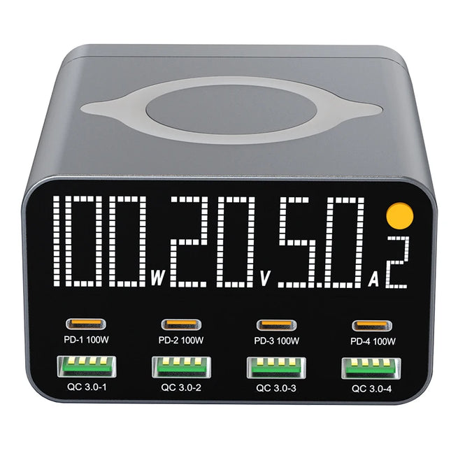 80W/120W 8-Port Charger Station Digital Display USB Type-C with Wireless Charger PD QC3.0 Quick Charger for Laptop Tablet Phone