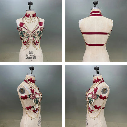 Women's Butterfly Embroidered Top Crystal Chain Sleeveless Cropped Top Camisole Backless Adjustable Sexy Beach Holiday Y2K Top