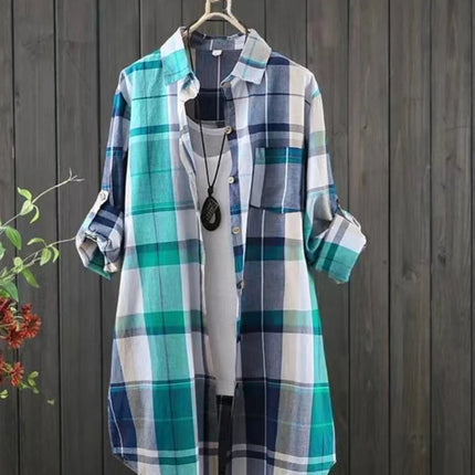 Plus Size Women's Shirts 2025 Lapel Square Plaid Tops Long Sleeve Korean Style of Casual Fashion Single-breasted Sunscreen Coat