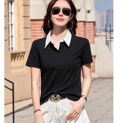 Korean striped short sleeved T-shirt for women's summer new high-end cotton patchwork lapel shirt, polo shirt, casual top
