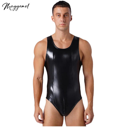 Mens Shiny Metallic Leather Thongs Bodysuit Sleeveless Bulge Pouch Back Zipper One-piece Leotard Jumpsuit for Nightclub Raves