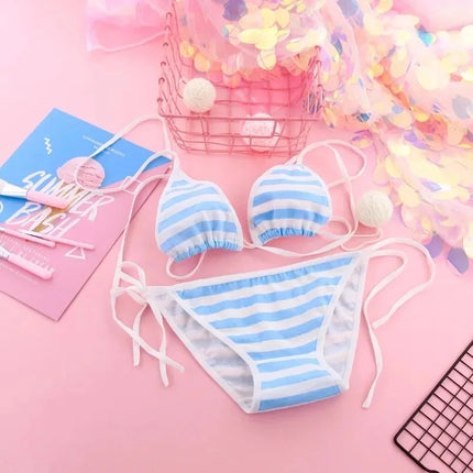 2PCS Women Bra Panties Set Sexy Lingeries Cotton Seamless Kawaii Bikini Lace-up Strap Blue White Striped Suit Female Underwear