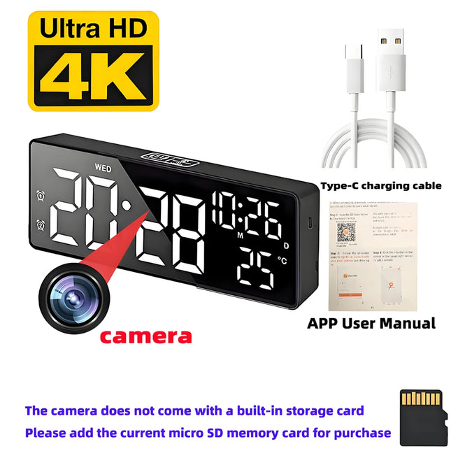 Mini 4K HD Camera, Supports Remote Viewing, Motion Detection, Digital Lights Can Be Turned Off, Ringing Alarm Clock Camera