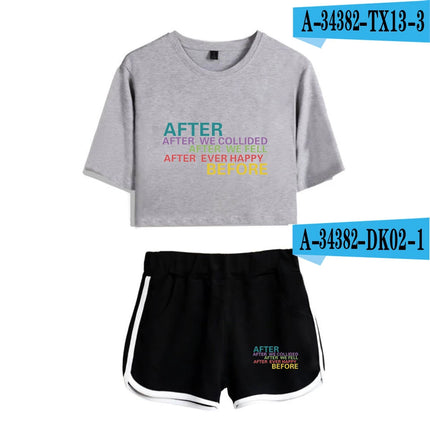 Youthful Black White After We Collided Girl Dew navel Two Piece Set Sexy Short Sleeve Crop T-shirts+Shorts Pants Tracksuit