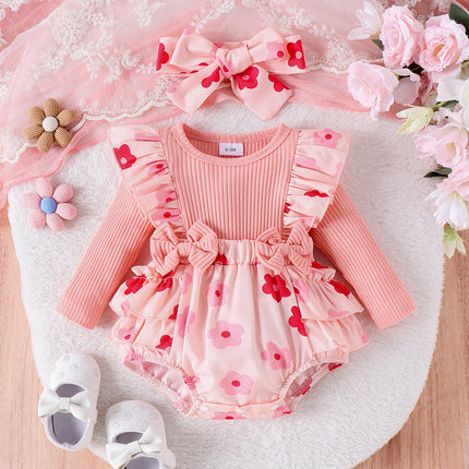 2PCS Autumn New Style 0-1 Year Old Girl Baby Sweet And Cute Round Collar Long-Sleeved Printed One-Piece Pants + Hair Band