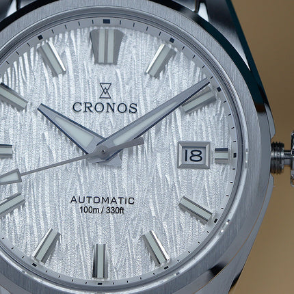 Cronos Men Watch 39mm Automatic Miyota 9015 Movement Wristwatches White Dial Birch Pattern Solid Links Sapphire 10 ATM L6040M