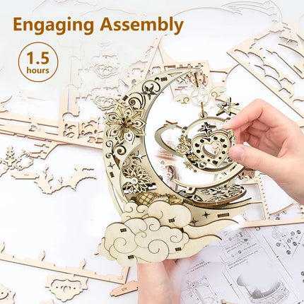 3D Wooden Puzzle Moon Star Music Box DIY Assembly Rotating Craft Decoration STEAM Educational Toys Gift for Adults Teens