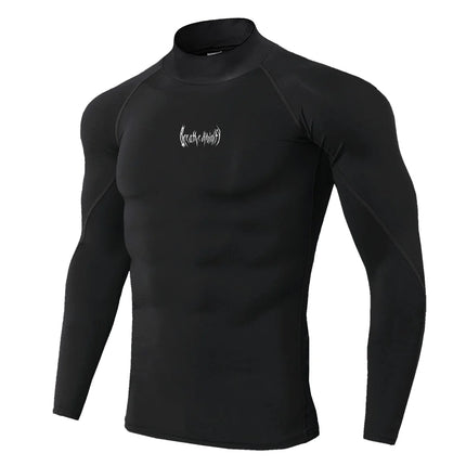 Men Gothic Print Compression T-Shirt Turtle Neck Quick-Dry Fitness Training