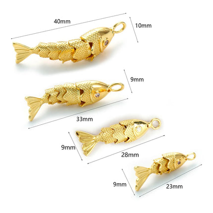 1 Piece Brass Ocean Jewelry Charms 18K Real Gold Plated Fish Animal Movable Clear Cubic Zirconia Pendant For DIY Necklace Making