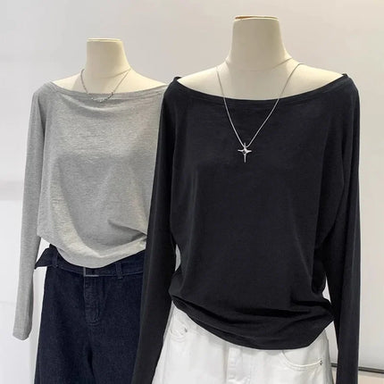 One Shoulder Cotton Slant Shoulder Long Sleeve Women's Interior-Style Wide Truffle Shoulder Base Autumn Winter Shirt