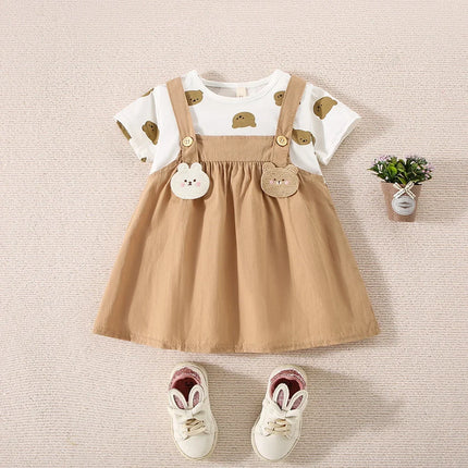 Summer Baby Girl Cotton Teddy Bear Printed Short Sleeved Dress For Girls Fake Two-Piece Strap Dress Cute Dress
