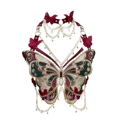 Women's Butterfly Embroidered Top Crystal Chain Sleeveless Cropped Top Camisole Backless Adjustable Sexy Beach Holiday Y2K Top
