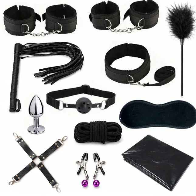 Sex Bondage BDSM Restraints Handcuffs Ankle Cuff Blindfold Whip Rope Nipple Clamps Anal Toys Adult Games Sexy Toys for Couples