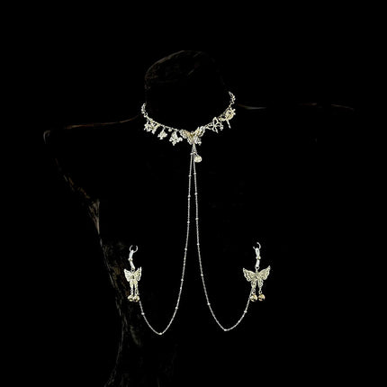 Silver Butterfly Bell Nipple Clamps Pearl Collar Body Chain Detachable Integrated Design Sexy Accessories SM Training Sex Toys