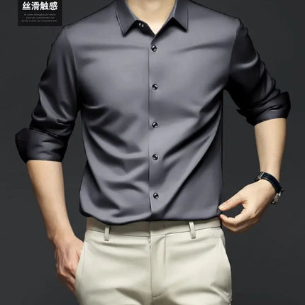S-6XL Men's Long Sleeve Shirt Luxury Wrinkle Resistant Pure White Shirt Business Dress Casual Ice Silk Glossy Shirt