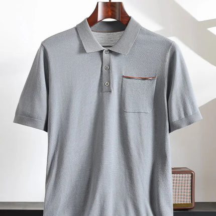 Spring and Summer New Polo Collar 100% Fine Wool Short Sleeve Men's Business Casual T-Shirt with Turn-down Collar and Pocket