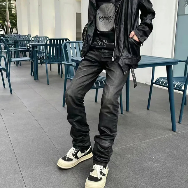 High Street Black Glue Wax Pants Women's Slim Fit Straight Leg Cat Whisker Jeans Streetwear Casual Denim Pants Men Clothing