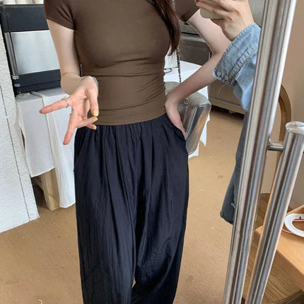 Basic Solid Crop Top Short Sleeve Crewneck Skinny T-shirt Summer Casual Tee for Women Y2K Vintage Top Harajuku Streetwear
