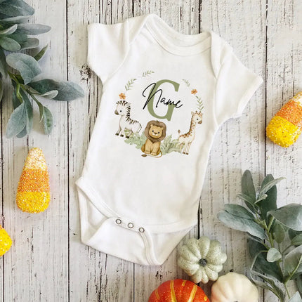 Personalized Baby Jumpsuit Custom Name Newborn Wild One Romper Safari Animals Print Outfit Baby Girls Clothes Infant Shower Gift