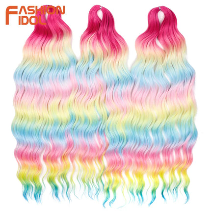 FASHION IDOL 24" 3pcs Deep Wave Curl Hair Synthetic Water Wave Braiding Hair Extensions Ombre Rainbow color Twist Crochet Hair