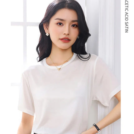 Summer Women's Short Sleeve O-Neck T-Shirt Knitted Acetate Fabric High-End Thin Pullover Top for Ladies