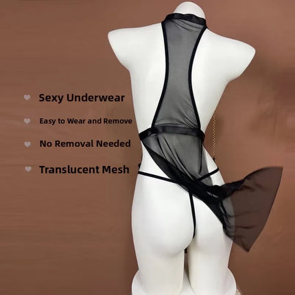 Sexy Teasing Strapless See-through Backless Chemise Nightgown Set No-Need-to-Remove Hanging Neck Style Pleasure Underwear