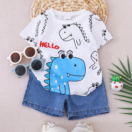 Summer 2-Piece Set New Casual Outdoor Comfort Breathable Cute Dinosaur Print Round Neck Short-Sleeved Denim Shorts Fashion Suit
