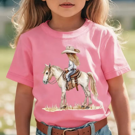 Girl Clothes Cow Girl Riding Horse 3D Print T-Shirt Western Festival Casual Top Summer Short Sleeve Outdoor Children's Clothing