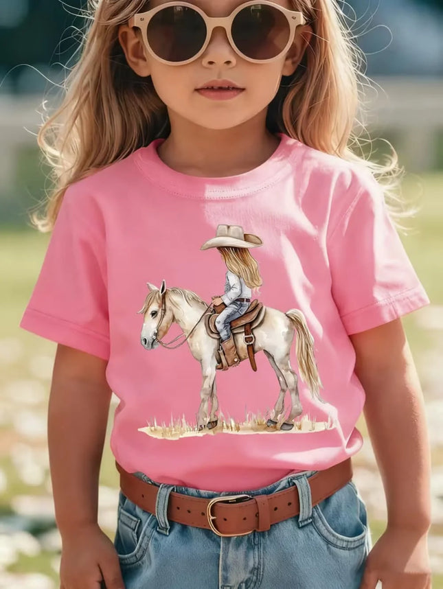 Girl Clothes Cow Girl Riding Horse 3D Print T-Shirt Western Festival Casual Top Summer Short Sleeve Outdoor Children's Clothing