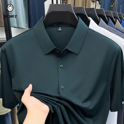 Summer Men Short Sleeve Button Up Shirt Ice Silk Casual Business Formal Shirt Breathable Wrinkle Free