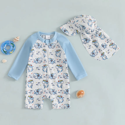 MISOWMNJOY Summer Baby Long Sleeve Swimwear Fashion Toddler Boys Rash Guard Swimsuit Dinosaur Print Zip Beachwar with Swim Cap