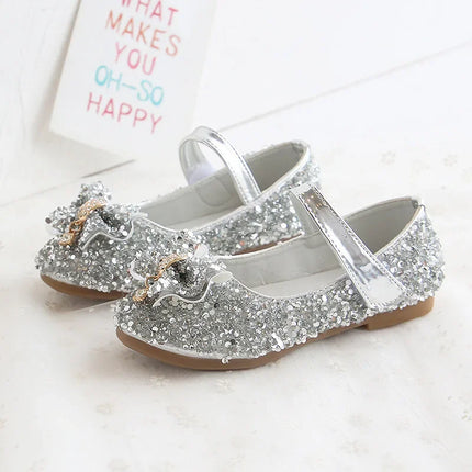 Children Leather Shoes For Girls Toddlers Big Kids Dress Shoes For Wedding Party Glitter Sequined Fabric With Bow-knot Mary Jane