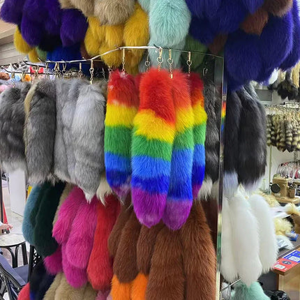 Natural Fox Fur Tail Keychain Furry Y2k Beautiful Accessory Fox Tail Keychain Length 40 Cm Car Keychains for Women