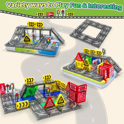 32/64/58PCS Magnetic Road Construction Set Toys For Kids Gift Magnetic Building Blocks Montessori Educational Toys With Iron Box