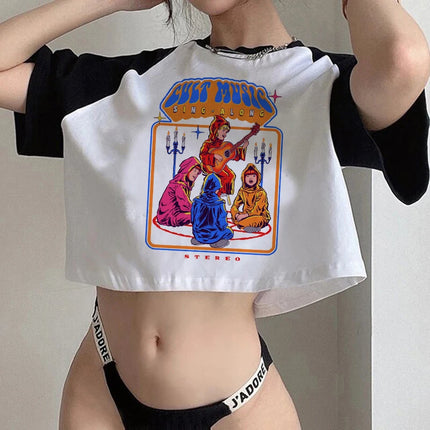 Crop Top Gothic Horror Y2k Aesthetic 90s Satan T Shirt Women Satanism Evil Demon Grim Death Tshirt Female Cropped T-shirt